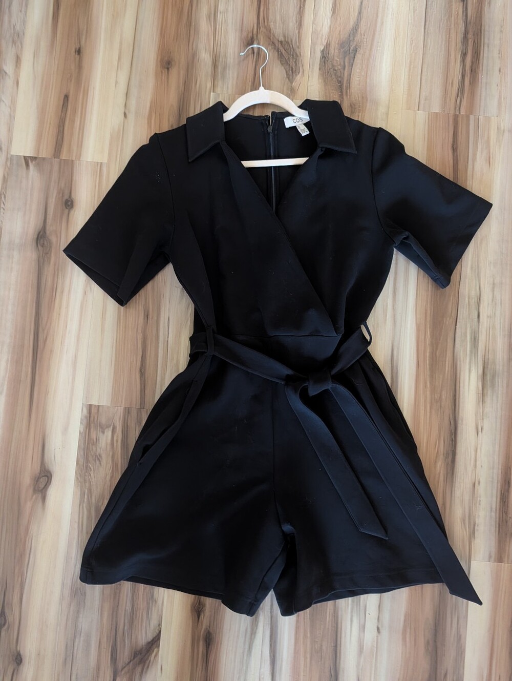 COS Black Wrap Effect Belted Romper Playsuit Short Sleeve Collared Size M